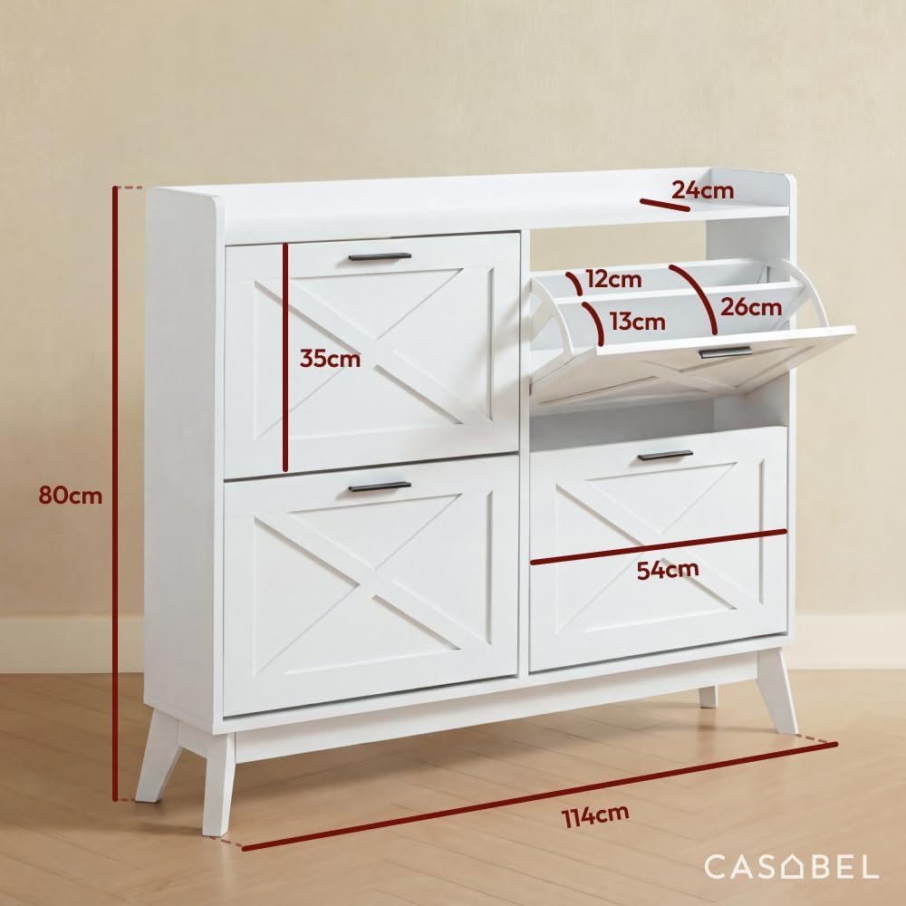 Zapatero CASABEL con 4 trampones, frentes con patrón de cruz, blanco, diseño funcional, gran capacidad para 24 pares, mueble práctico para recibidor o salón, 114x24x83 cm