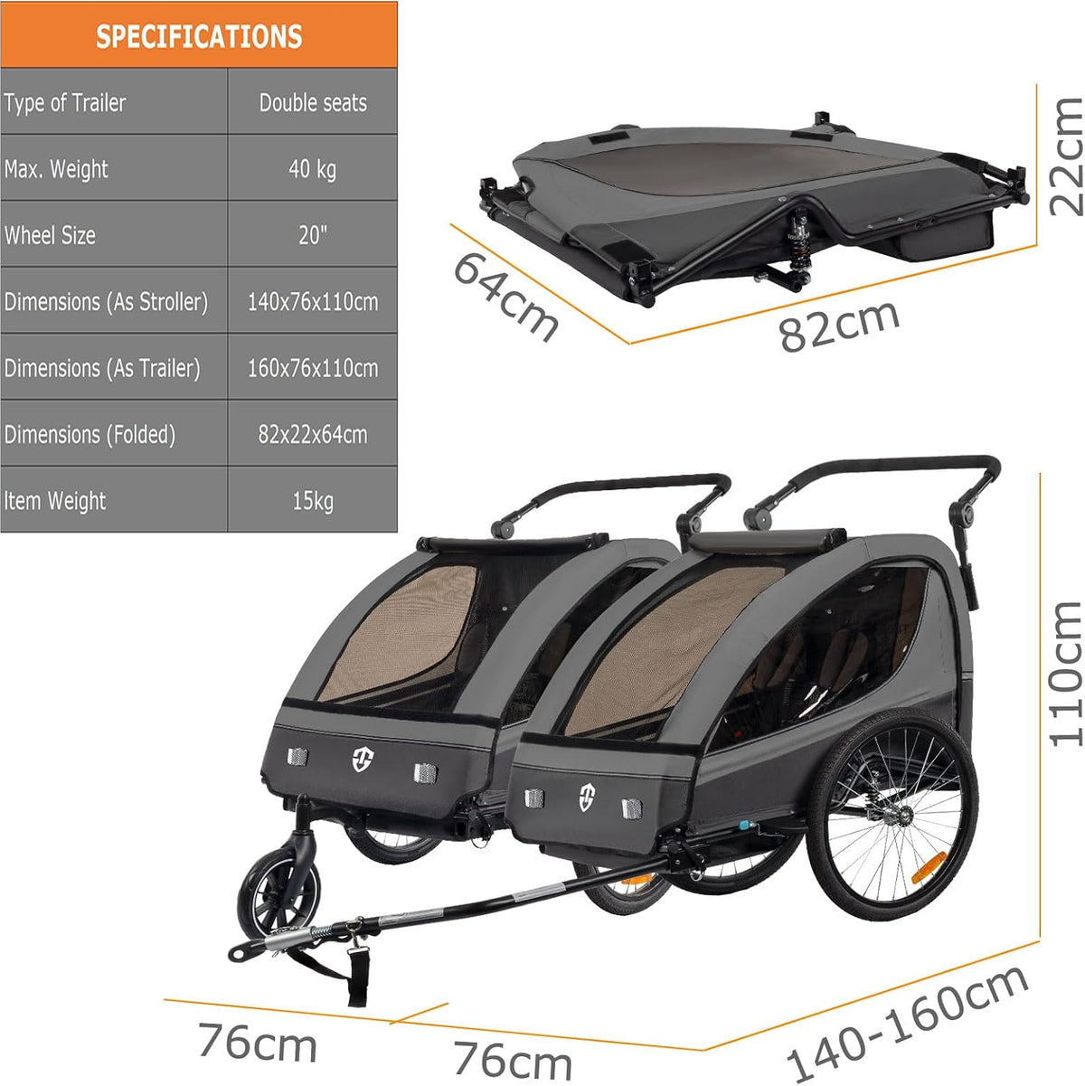 Remolque para niños Tiggo con rotación de 360°, suspensión, set 2 en 1 (remolque de bicicleta y cochecito/jogger), arnés de 5 puntos, para 1 o 2 niños, máx. 40 kg
