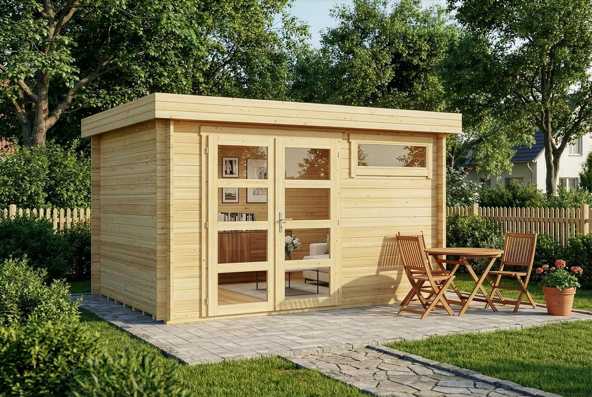 Caseta de jardín Leandro con suelo de madera, cobertizo para herramientas de 394x268 cm con 28 mm de grosor de pared en acabado natural