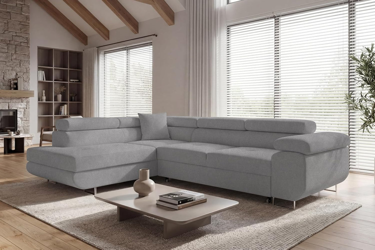 Ecksofa mit Schlaffunktion PASTI L-Form, Sofa Couch mit Bettkasten, 3-Sitzer Eckcouch, Schlafsofa für Wohnzimmer, Big Sofa Couch mit Schlaffunktion (Easy Clean Hellgrau, Ottomane Links)
