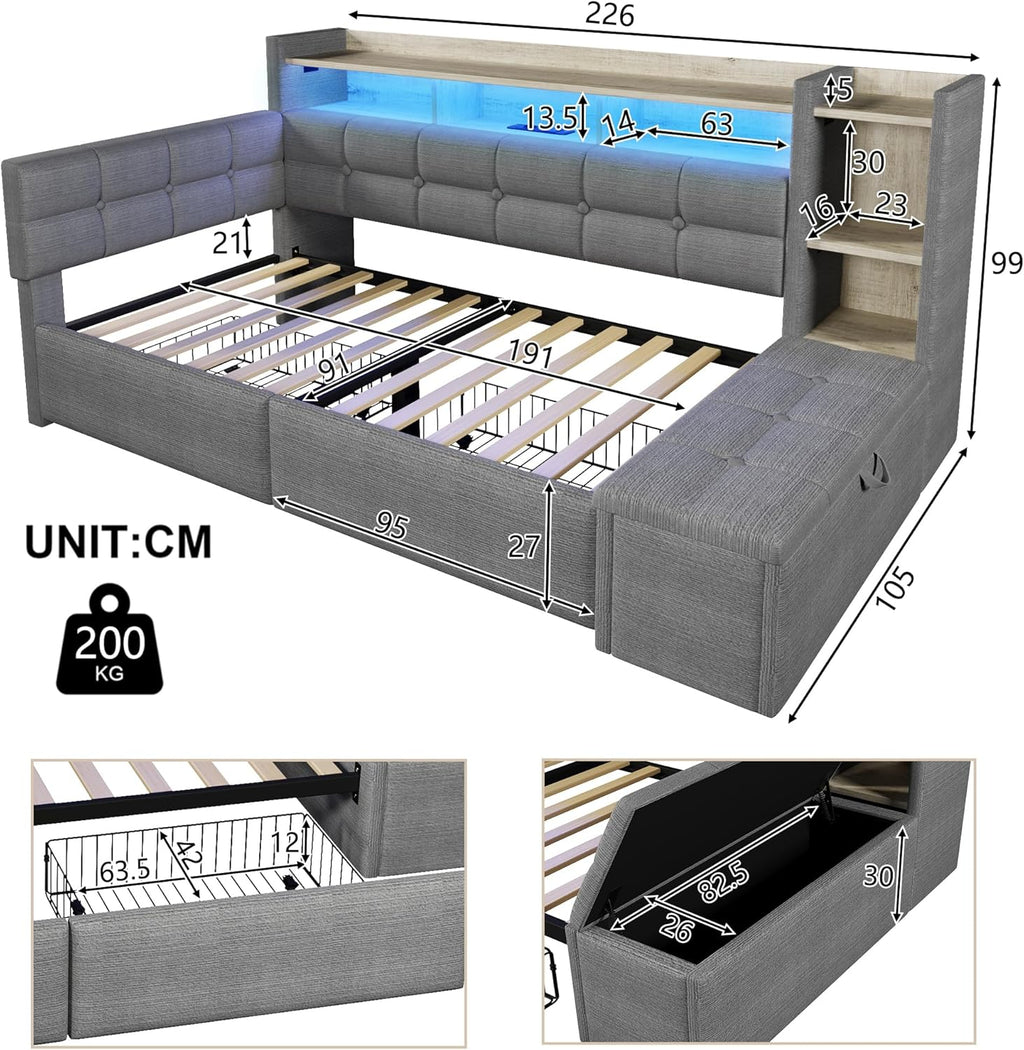 Cama nido, sofá cama, 90 × 190 cm, con dos cajones, puertos USB y tipo C, compartimento de almacenamiento, banco de almacenaje a los pies de la cama, tira de luz LED, sin colchón, terciopelo, gris oscuro