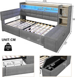 Cama nido, sofá cama, 90 × 190 cm, con dos cajones, puertos USB y tipo C, compartimento de almacenamiento, banco de almacenaje a los pies de la cama, tira de luz LED, sin colchón, terciopelo, gris oscuro