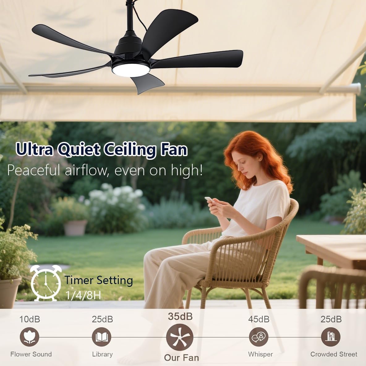 Ventilador de techo para exteriores con luz IP65 resistente al agua, 106 cm, silencioso, con iluminación y control remoto, regulable, 6 velocidades, temporizador, lámpara con ventilador para terraza y cenador, negro