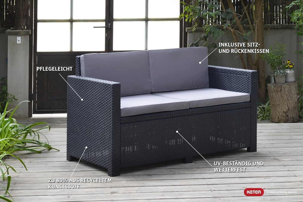 Sofá de jardín Victoria de Allibert by Keter - Sofá lounge de 2 plazas con aspecto de ratán, incl. cojines de asiento y respaldo, fácil de limpiar, resistente a la intemperie, gris, 129 x 63 x 77 cm