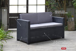 Sofá de jardín Victoria de Allibert by Keter - Sofá lounge de 2 plazas con aspecto de ratán, incl. cojines de asiento y respaldo, fácil de limpiar, resistente a la intemperie, gris, 129 x 63 x 77 cm