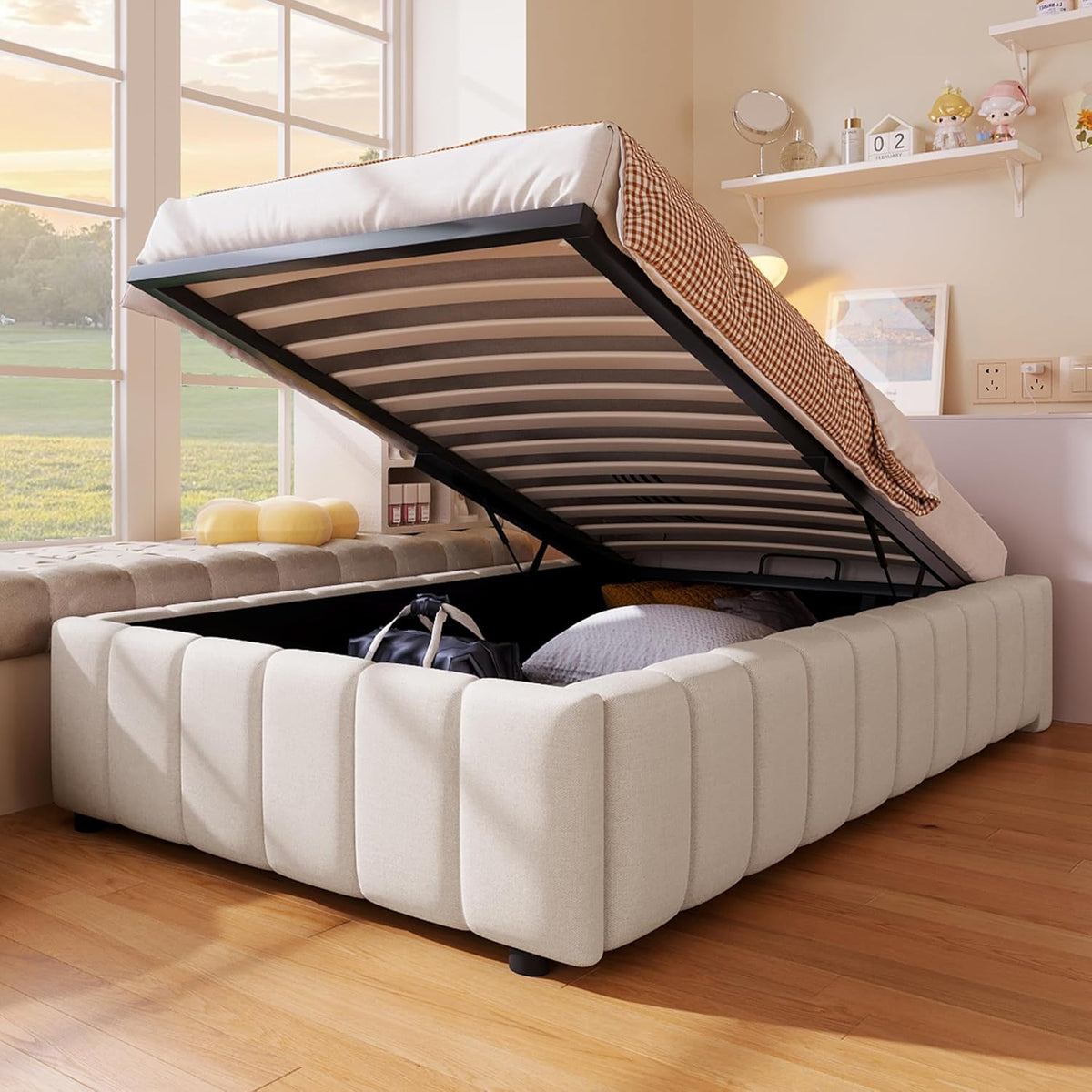 Cama tapizada 90x200, cama individual con espacio de almacenamiento y somier, sin cabecero, marco de cama con arcón hidráulico, cama con almacenaje hidráulico, estructura de cama, cama juvenil, lino, sin colchón, beige
