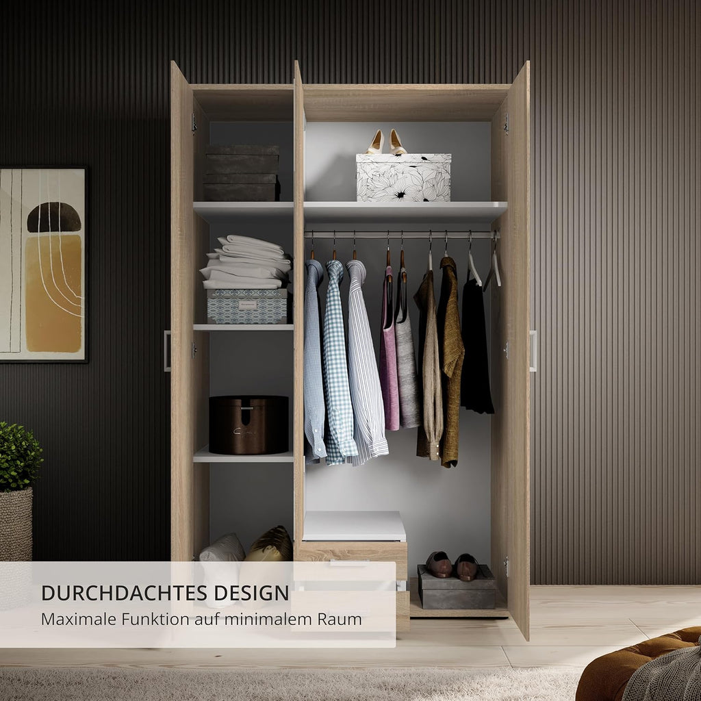 KARL Eleganter 3-türiger Kleiderschrank mit viel Stauraum - Mehrzweckschrank Sonoma Eiche mit Spiegeltür - 120 x 195 x 55 cm
