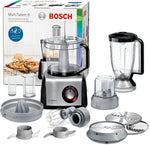 Procesador de alimentos compacto Bosch MultiTalent 8, más de 50 funciones, bol de 3,9 L, batidora de 1,5 L, cuchilla universal, para cortar y rallar (fino, grueso), disco batidor (nata), exprimidor, 1250 W, MC812844