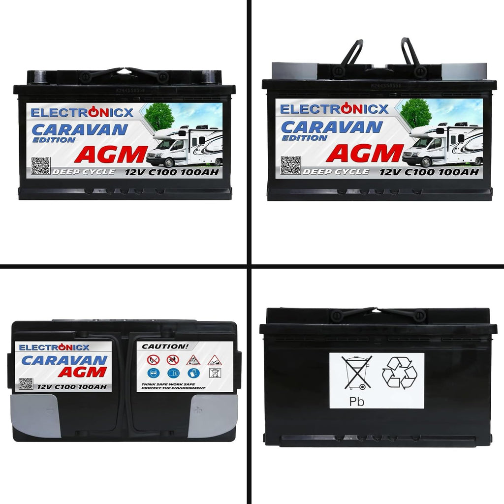Batería AGM Electronicx 100Ah Premium 12V recargable - Batería de coche para autocaravana y panel solar 100 Ah
