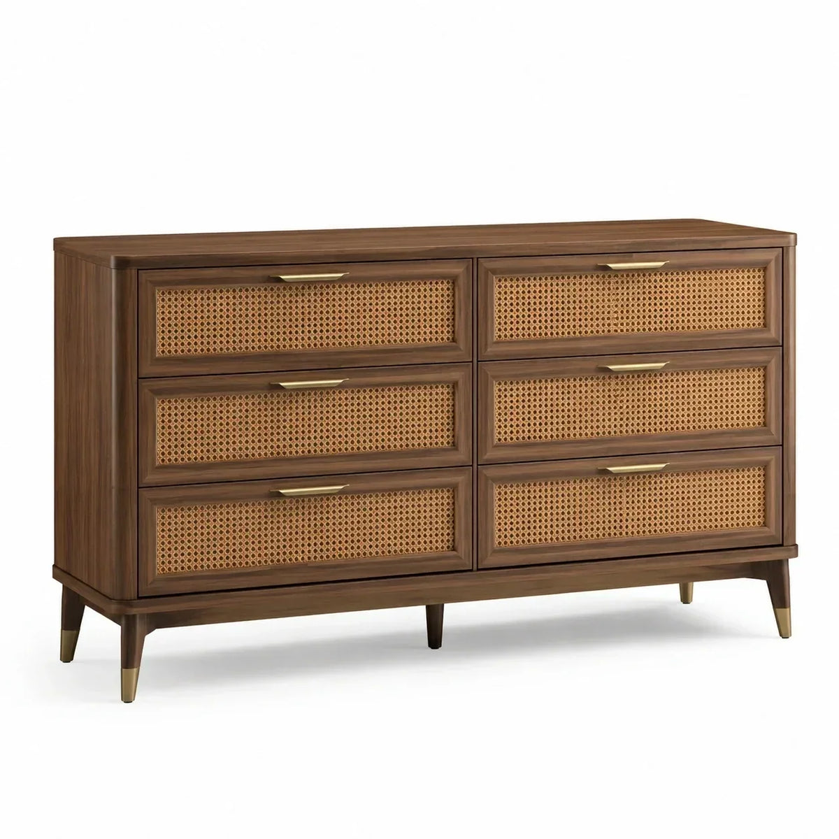 Cómoda de madera con frentes de ratán, 6 cajones, marrón
