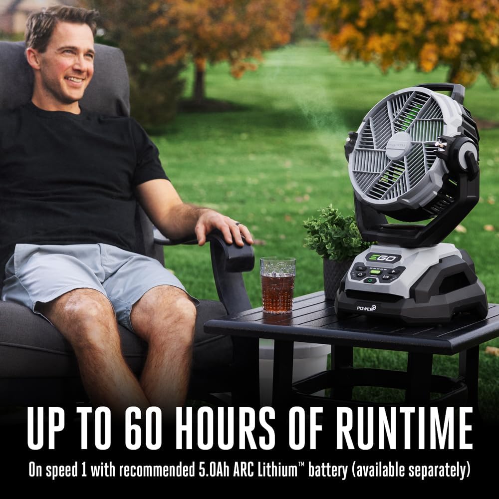 Ventilador oscilante EGO Power+ FN1000 con 6 modos de velocidad, 3 modos de oscilación, 3 modos de nebulización, batería y cargador no incluidos, 25,4 cm, 1700 CFM, 20 MPH