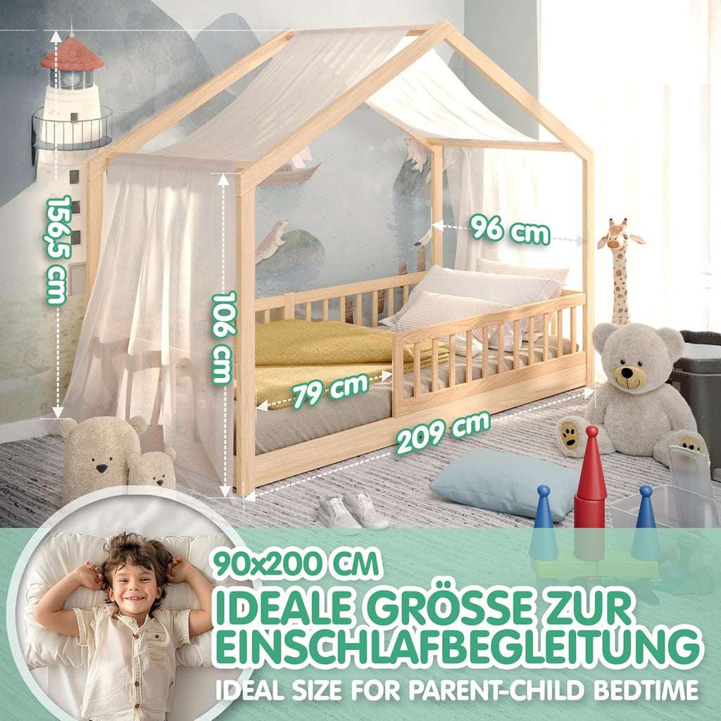 Cama infantil CADANI Malte 90x200 cm – Cama casita con barrera de seguridad extraíble, capacidad de carga de hasta 200 kg, somier de láminas enrollable, cama Montessori a ras de suelo de madera maciza de pino, natural