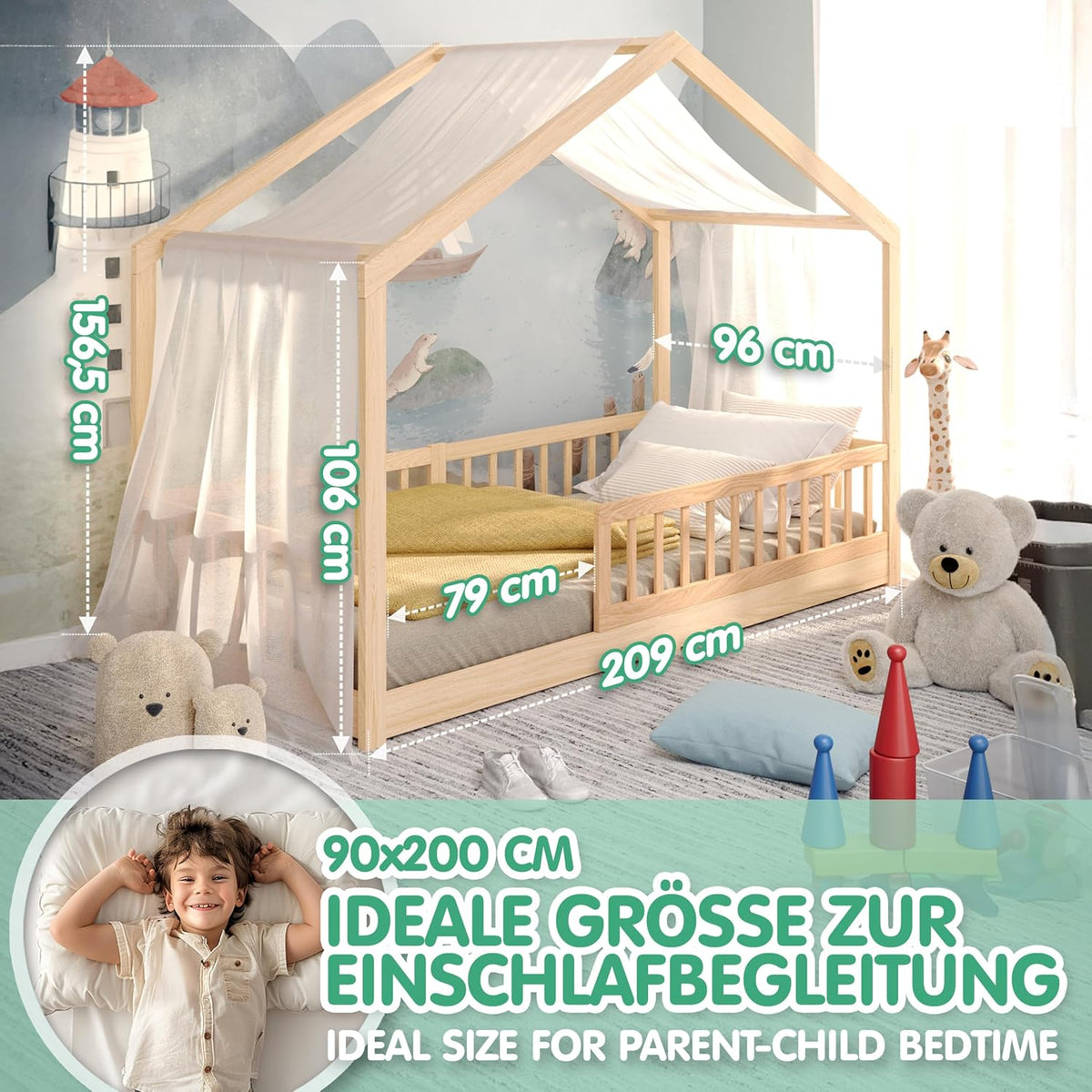 Cama infantil CADANI Malte 90x200 cm – Cama casita con barrera de seguridad extraíble, capacidad de carga de hasta 200 kg, somier de láminas enrollable, cama Montessori a ras de suelo de madera maciza de pino, natural