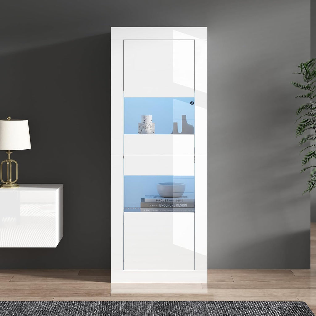 Vitrina Merax, vitrina de cristal, armario con iluminación LED, armario alto en blanco brillante con 2 estantes de cristal ajustables, vitrina para colecciones, estantería para salón, dormitorio, oficina, 161 cm