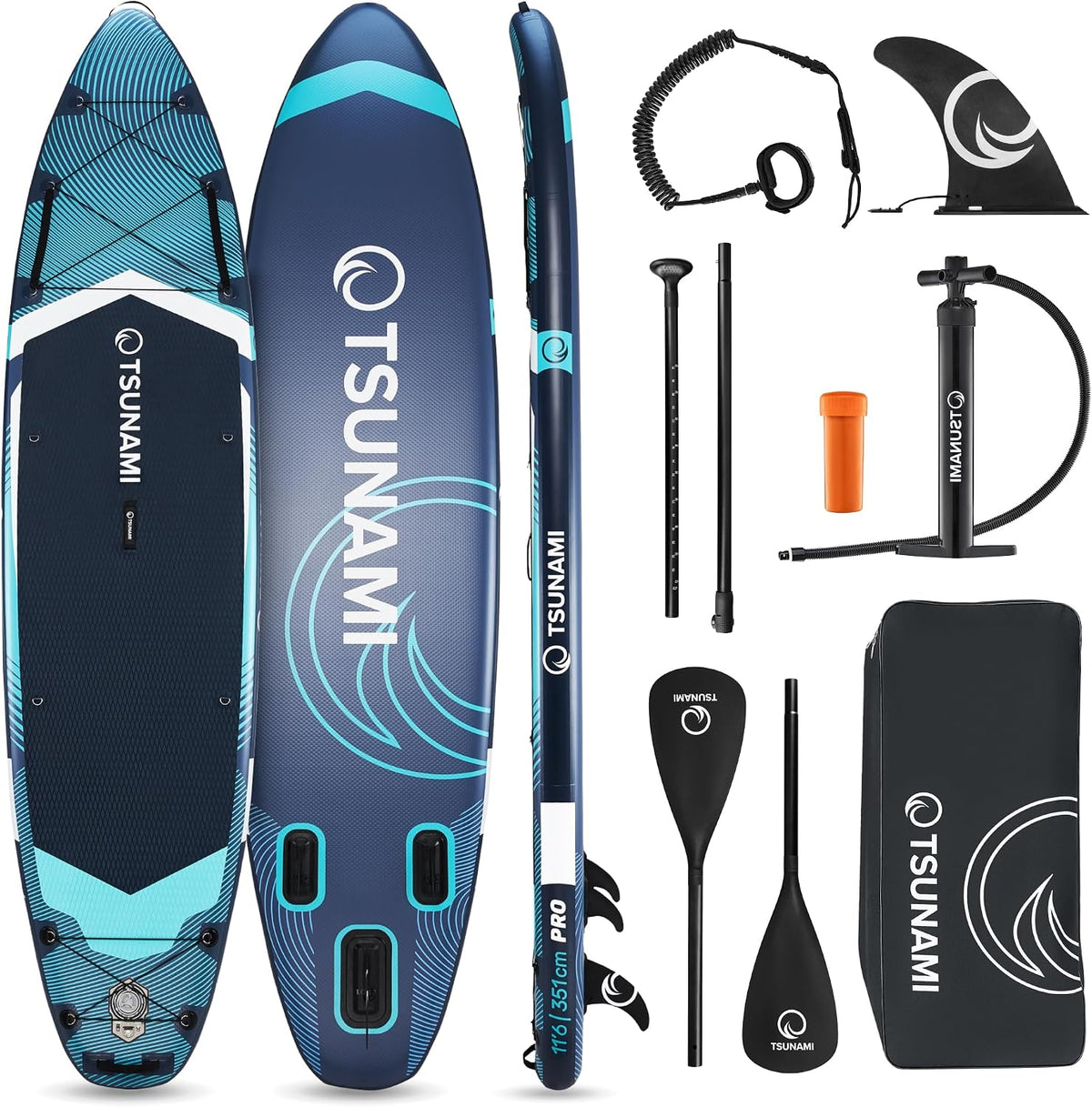 Tabla de Stand Up Paddle TSUNAMI PRO, tabla SUP con accesorios completos, bomba y correa de seguridad, capacidad de carga de hasta 160 kg, longitud 350 cm, material doble y refuerzos internos adicionales