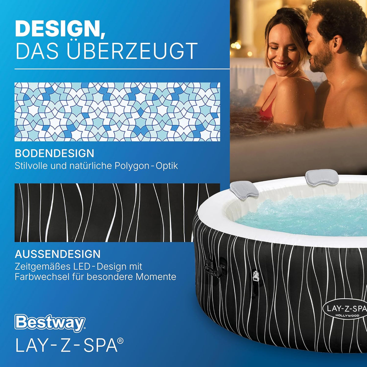 Jacuzzi inflable LED Bestway Lay-Z-Spa Hollywood para 6 personas, Ø 196x66 cm | 140 chorros AirJet, tira de luces LED con control remoto, calefacción hasta 40°C, 4 cojines de espuma