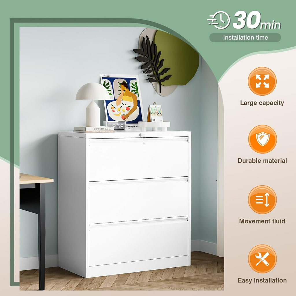 Archivo de carpetas colgantes Sightlife de doble carril con cerradura, archivador de 3 cajones, armario de metal, mueble archivador de acero, mueble de oficina, archivador ancho para A4 y tamaño legal