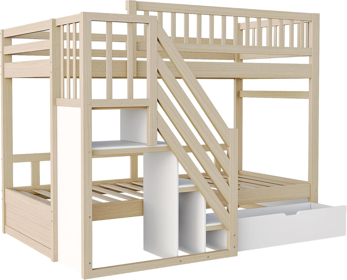 Litera 90x200 para 2 niños, cama alta infantil con escalera, armario de almacenamiento y cajón, cama funcional, litera, cama alta juvenil con 2 somieres, madera maciza, sin colchón, color madera