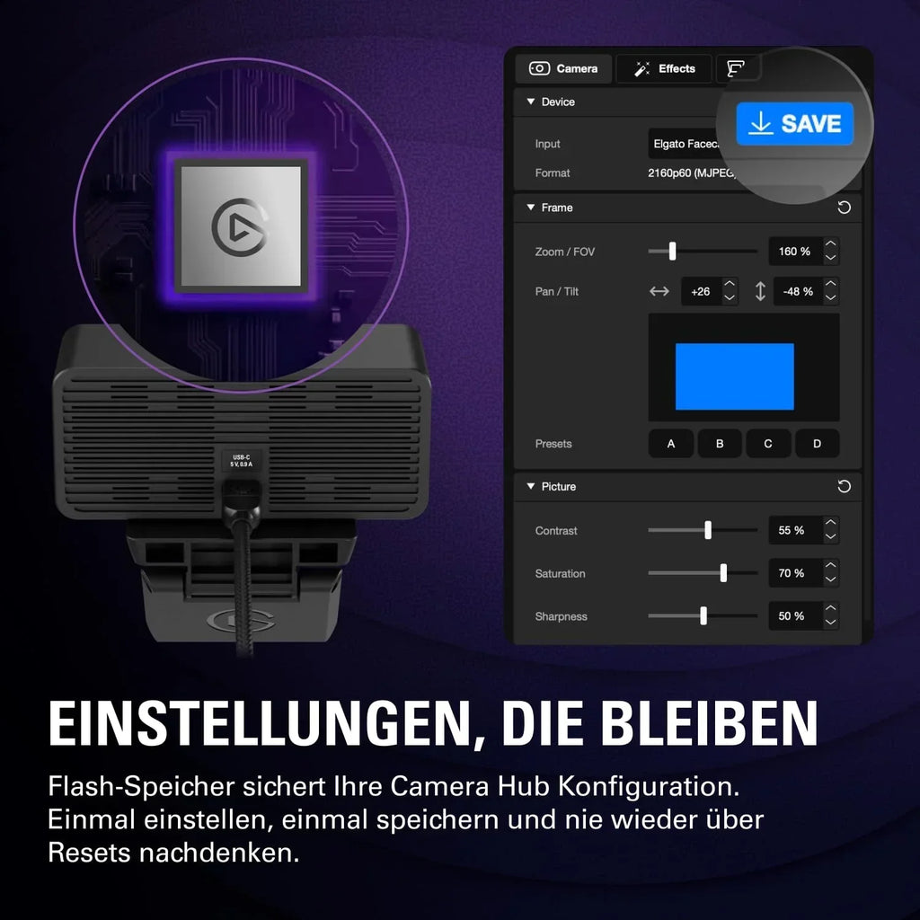 Elgato Facecam 4K, webcam de estudio 4K60, calidad similar a una réflex, sensor Sony STARVIS 2, filtro de lente de 49 mm, HDR sin compresión, USB-C
