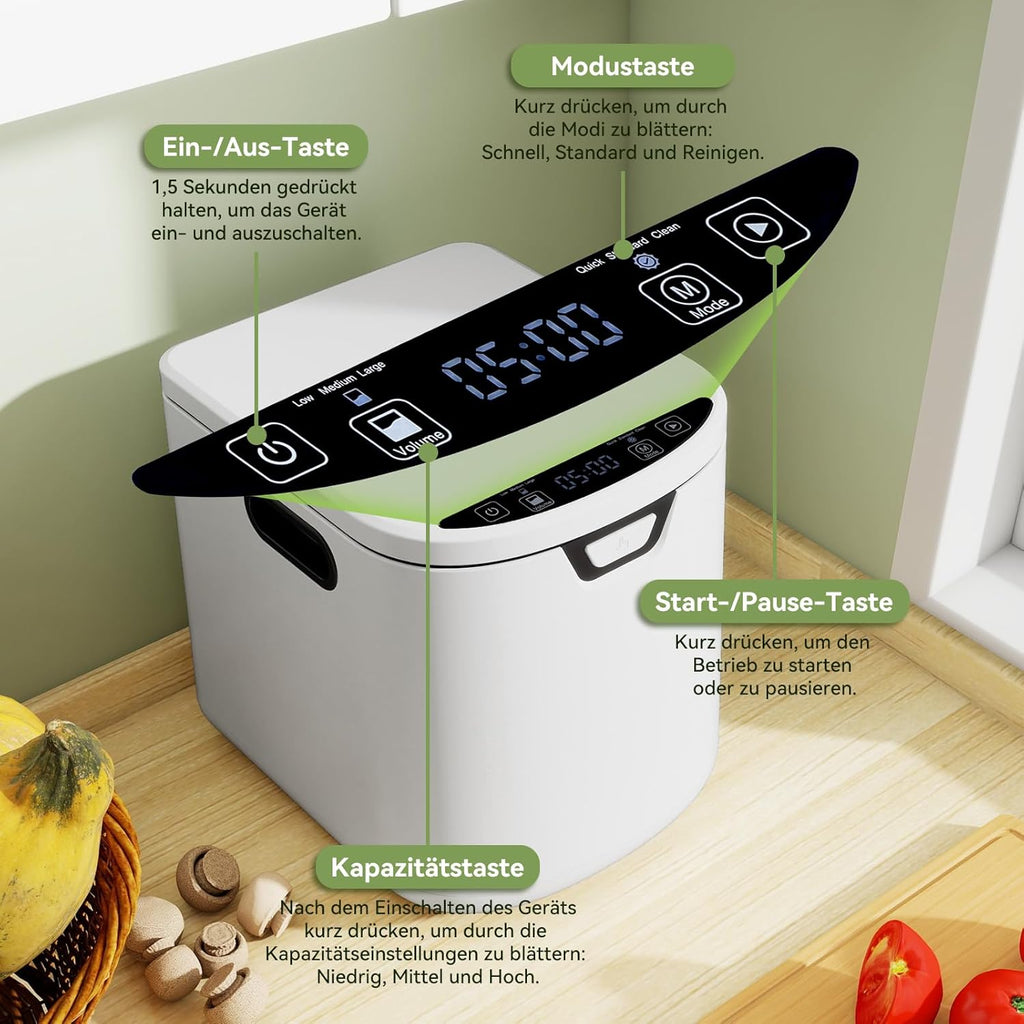 Compostador eléctrico Fullwatt 4.2L, compostador eléctrico inodoro de secado rápido con 2 filtros de carbono, cubo de compostaje y pantalla LED para materia orgánica y restos de comida, autolimpiable