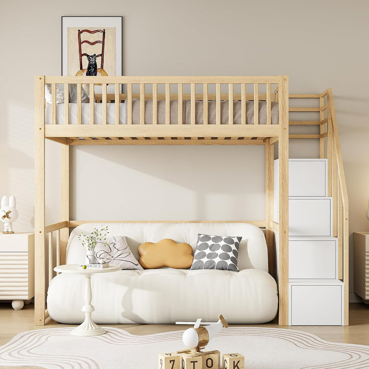 Cama alta Moimhear 90x200 cm con escalera de seguridad y almacenamiento, estructura de cama de madera de pino maciza para niños y jóvenes (color madera + blanco)