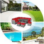 Conjunto de muebles de comedor para patio de 7 piezas de ratán con sofá seccional, mesa de comedor, otomanas y cojines