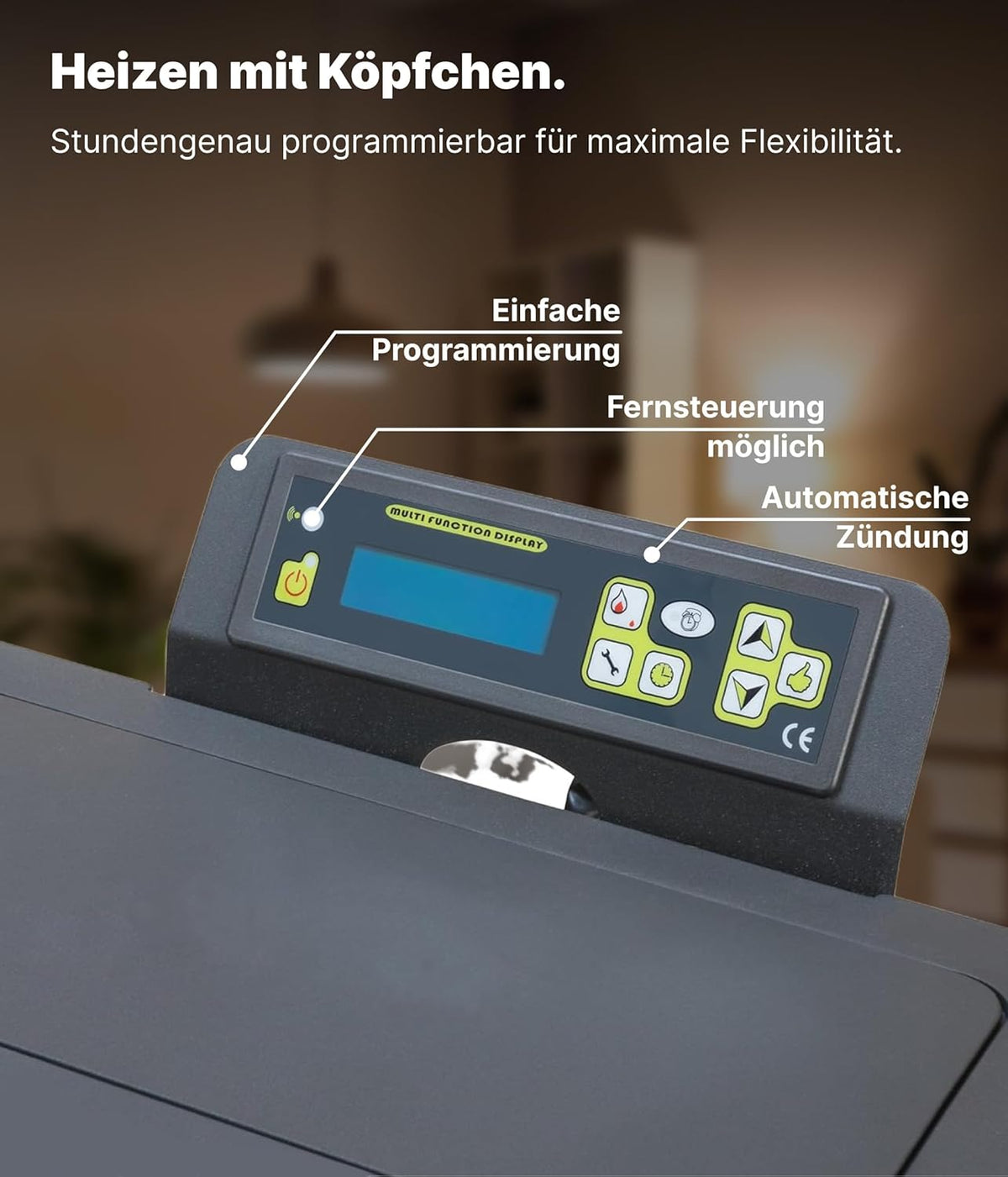 Estufa de pellets NEMAXX® PC5 5,3 kW A+ hasta 120 m³ – Modo crono y ECO, compatible con WiFi (aplicación opcional), pantalla y mando a distancia, combustión por presión negativa, protección contra sobrecalentamiento y apagado automático – Gris