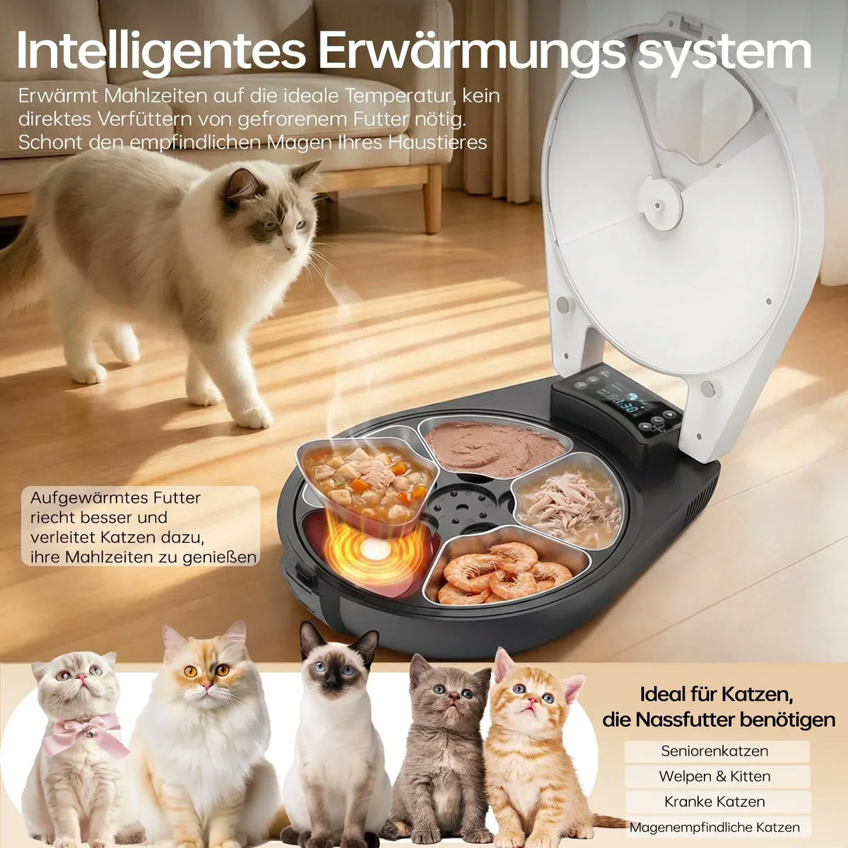 Comedero automático para gatos RESPURR con refrigeración y calefacción por semiconductores, frescura de 3 días, 5 comidas, acero inoxidable 304, programable