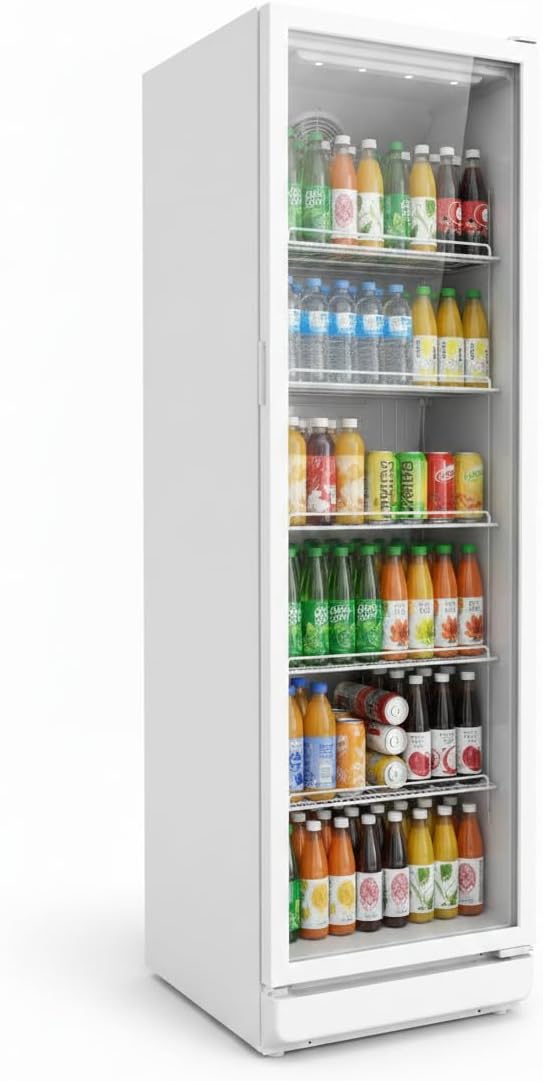 Refrigerador comercial para bebidas SCHOEPF GKS350 - Refrigeración por aire forzado - Refrigerador con puerta de cristal - 347 l - 5 estantes de rejilla ajustables - 194,5 cm de altura (blanco)