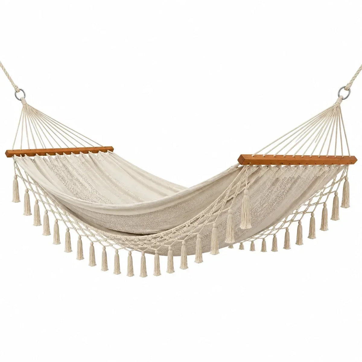 Hamaca de algodón con barras de madera, beige, 200x150 cm