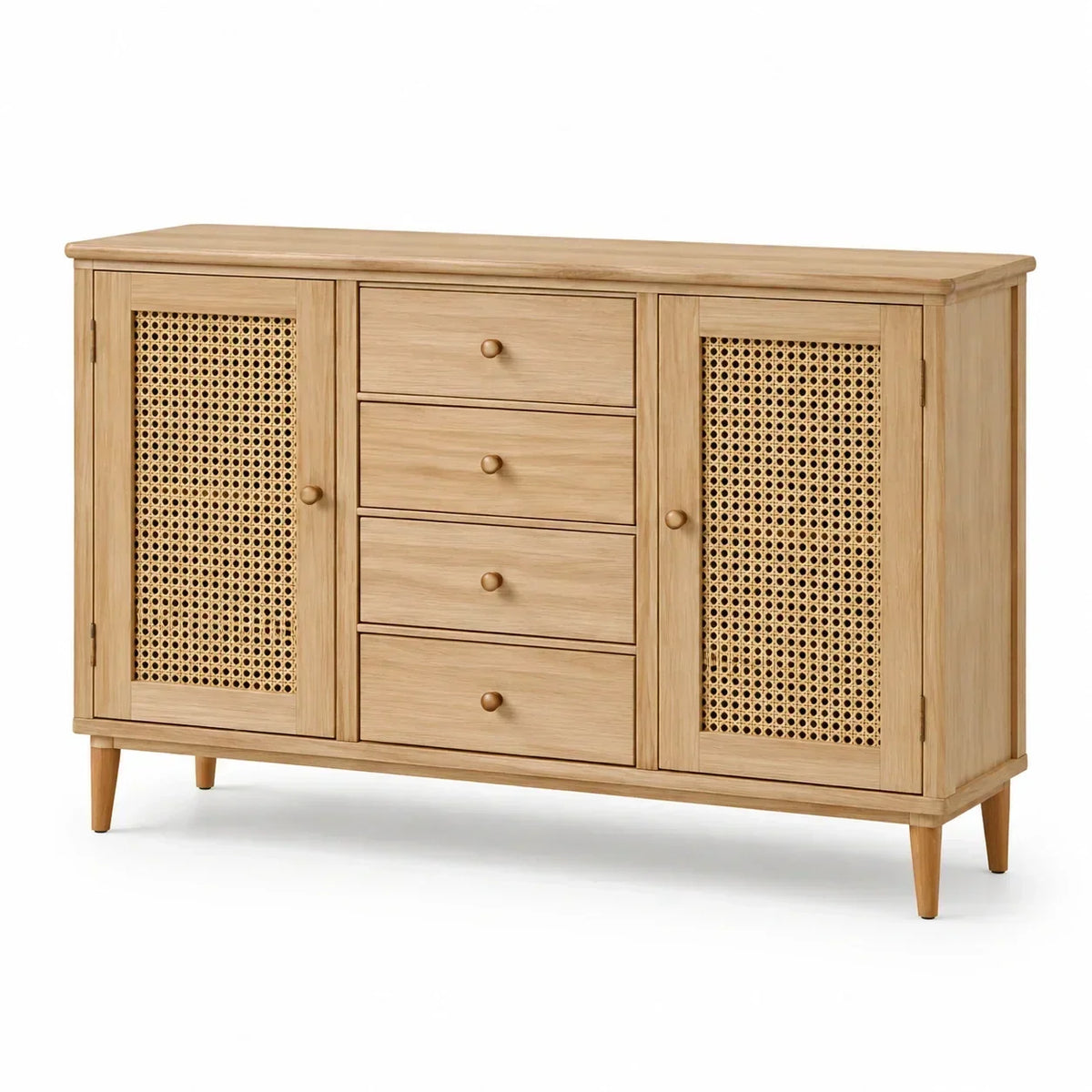 Aparador de madera de roble con puertas de ratán y 4 cajones, natural, 120x40x80 cm