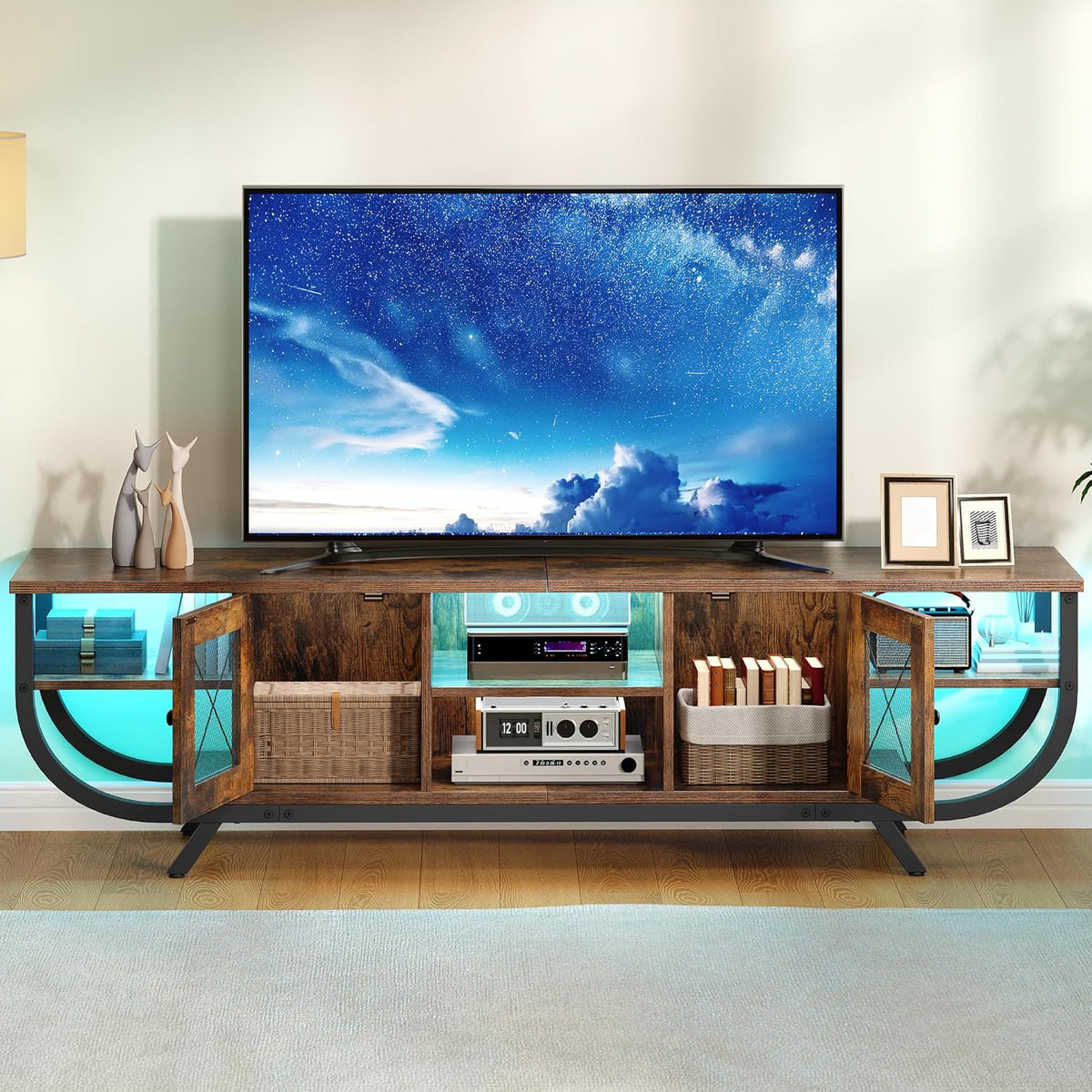 YITAHOME Industrielles TV-Schrank,160cm TV Lowboard für Fernseher bis zu 65 Zoll mit LED-Beleuchtung,Wohnzimmer Fernsehschrank TV Board mit Offenen Stauraum,Vintagebraun