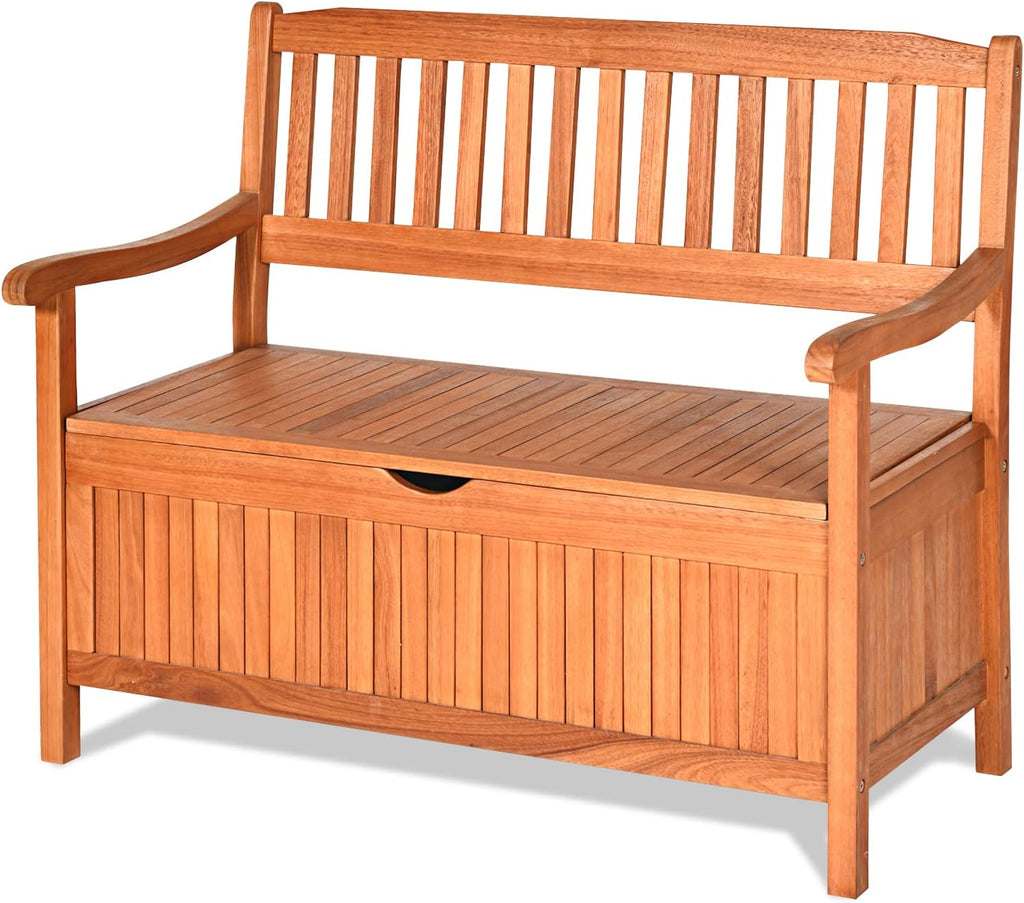 GOPLUS Gartenbank mit Stauraum, Sitzbank aus Akazienholz für 2 Personen, Truhenbank mit Rücklehne & Armlehne, Holzbank für Garten Terrasse Outdoor, mit Aufbewahrungsbox, belastbar bis 360kg