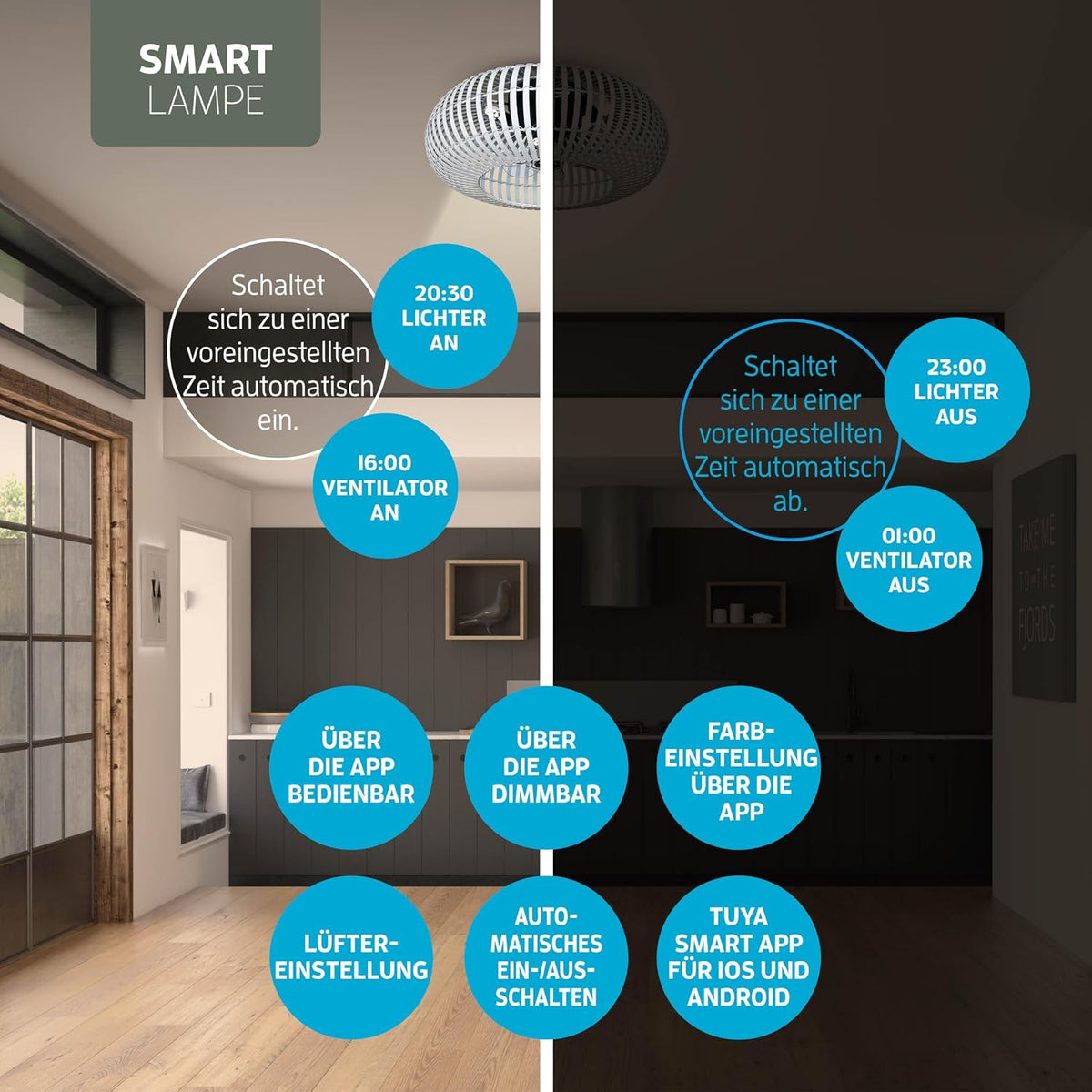 Ventilador de techo inteligente Varin® con luz, Wi-Fi Tuya, Ø 50 cm, lámpara de techo con ventilador, ventilador con luz de techo con 4 casquillos E27 (sin bombillas), mando a distancia, bambú blanco