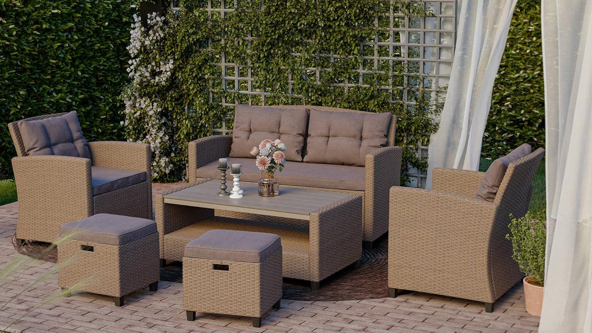 Set de muebles de jardín de poliratán Firenze de di volio - Conjunto lounge con sofá doble, 2 sillones, 2 taburetes y mesa - Set de muebles de jardín con aspecto de ratán, incluye una manta de forro polar