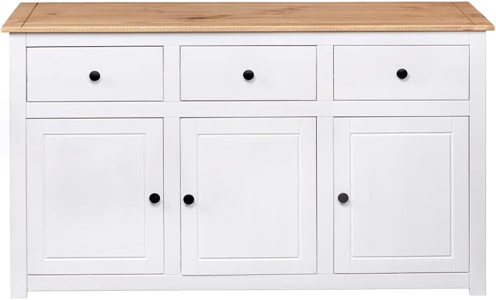 vidaXL Aparador de madera maciza de pino de Panamá con 3 cajones y 3 puertas, cómoda, mueble auxiliar, armario multiusos, alacena, blanco, 135x40x80 cm