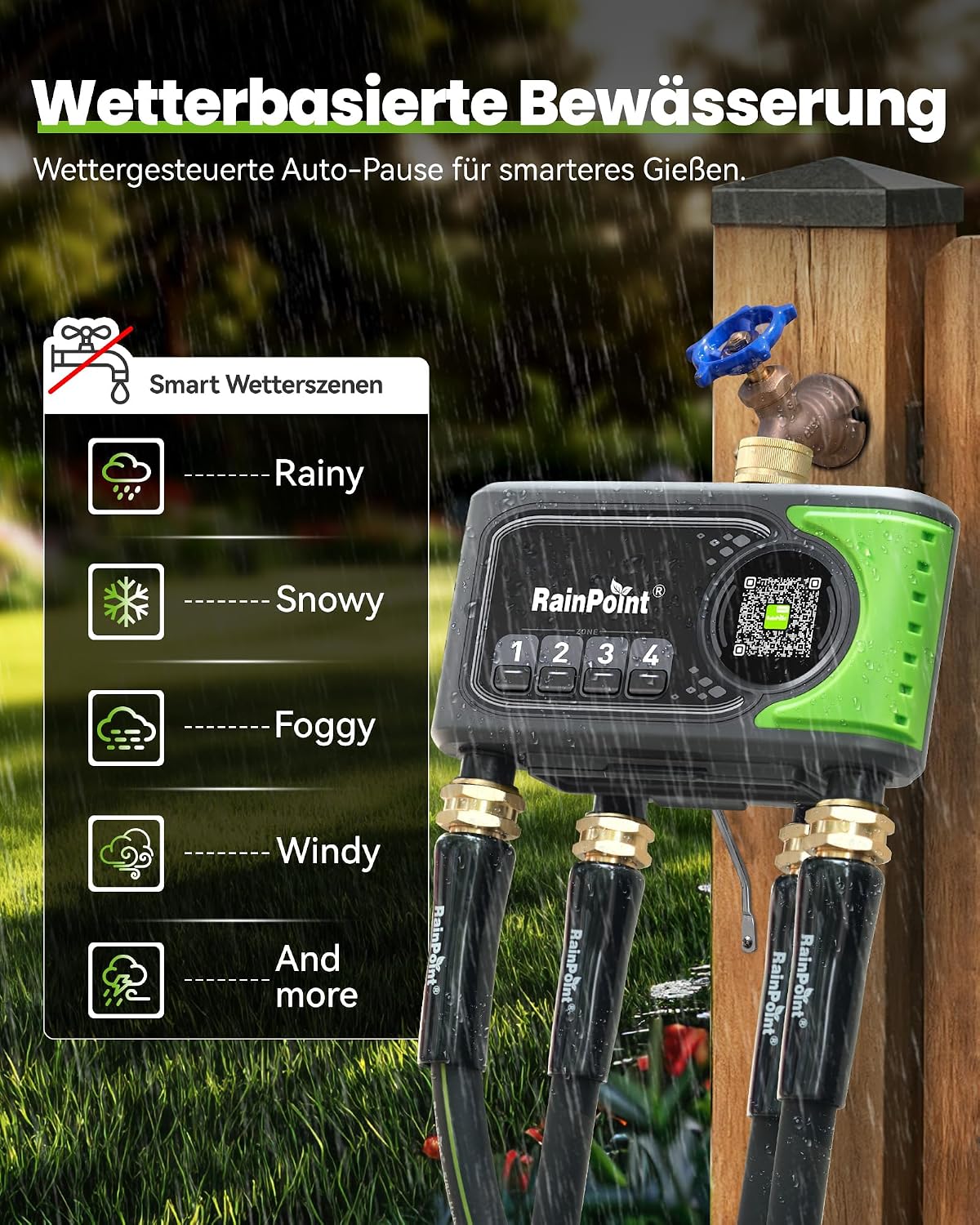 Programador de riego WiFi RAINPOINT de 4 salidas, entrada y salida de latón, temporizador de riego de 4 zonas con control basado en el clima y el suelo, control por aplicación y voz para jardín y césped