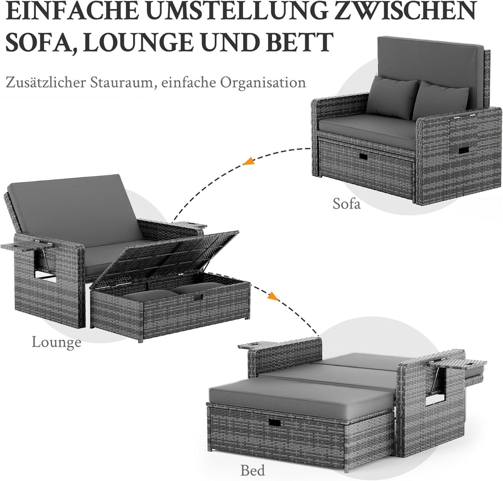 Amopatio Rattan Gartenlounge Outdoor Set, 2-Sitzer Gartensofa mit Auflagenbox & Verstellbarer Rückenlehne, Wetterfestes Lounge Möbel für Balkon und Terrasse mit Hocker und Kissen, Grey