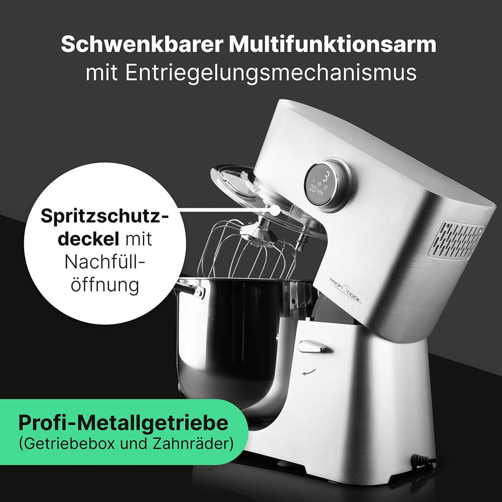 ProfiCook Robot de cocina con bol XXL de 12 L | Amasadora con 2500 W | Engranajes de metal y pantalla LED | Procesador de alimentos para hasta 8,5 kg de masa | 13 velocidades | PC KM 1254 titanio