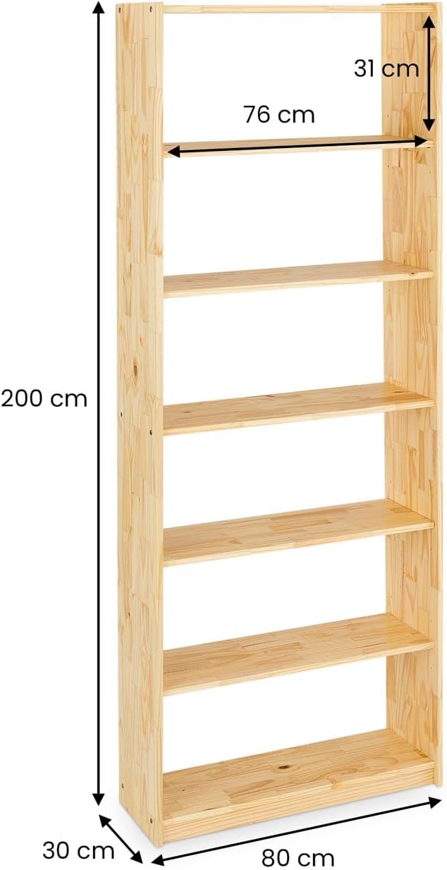 Estantería de pie IDIMEX con 7 niveles, práctica estantería para libros de pino macizo en color natural, sencilla estantería de oficina de madera maciza