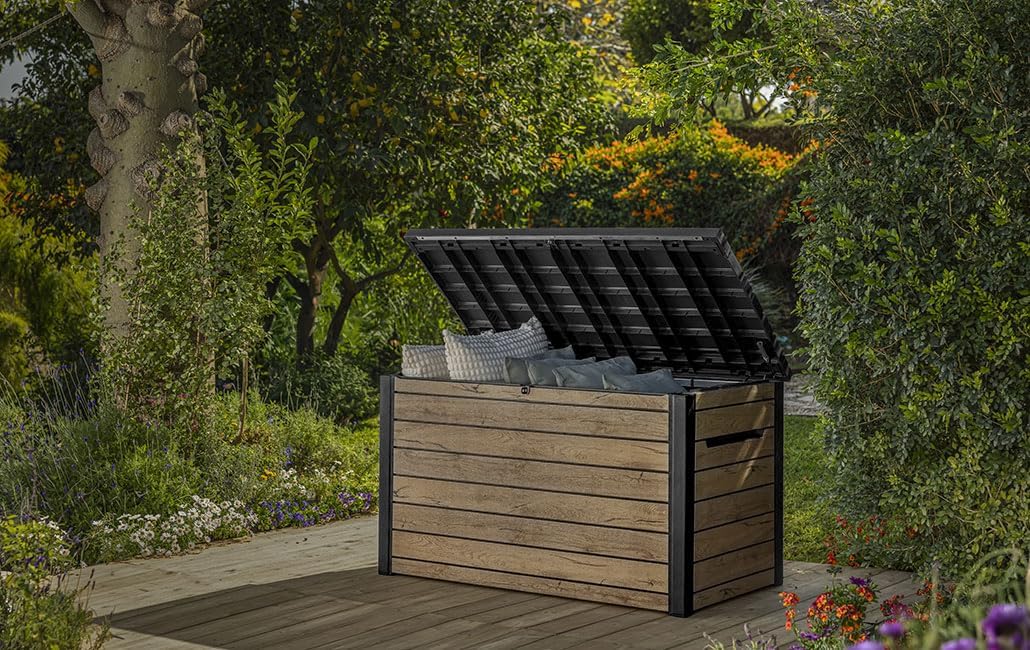 Arcón para exteriores Keter Ontario 870 litros | 100% impermeable con ventilación para evitar malos olores y moho | Aspecto de madera moderno | Tapa con amortiguadores de gas