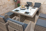 Ragnarök PolyRattan - DEUTSCHE Marke - EIGENE Produktion - 8 Jahre Garantie - Gartenmöbel Essgruppe Tisch 4 Stuhl Hocker 12 Polster Grau Rostfrei Aluminium Natur Dining Würfel Glas