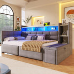 Cama nido, sofá cama, 90 × 190 cm, con dos cajones, puertos USB y tipo C, compartimento de almacenamiento, banco de almacenaje a los pies de la cama, tira de luz LED, sin colchón, terciopelo, gris oscuro