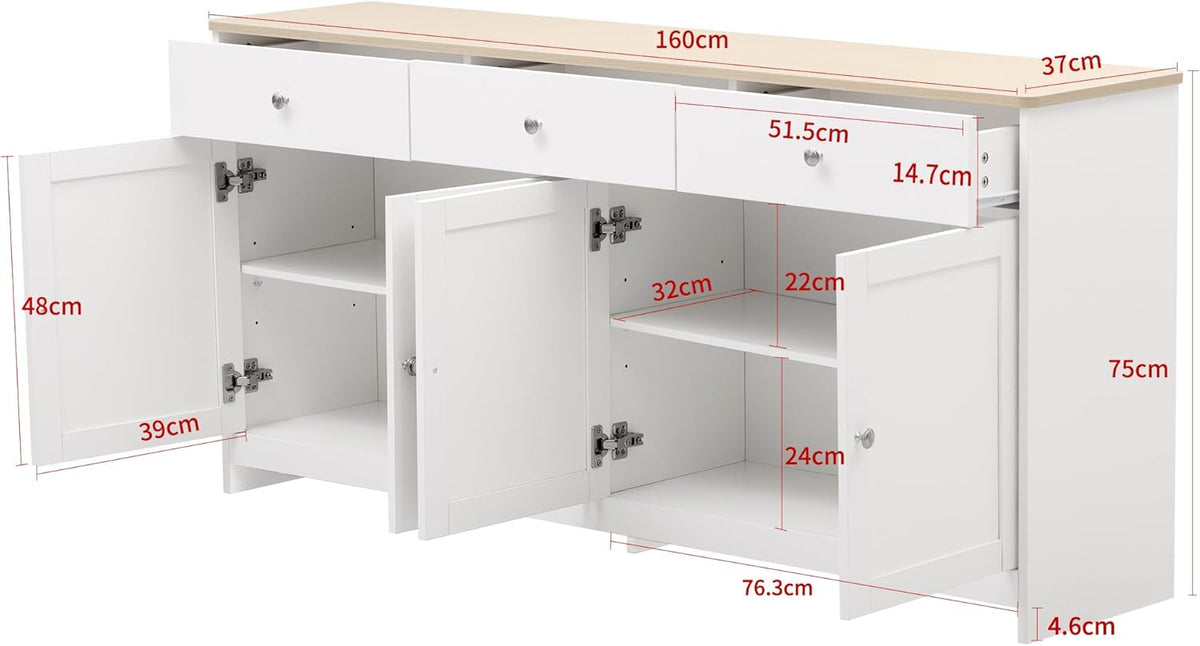 Ymkua Sideboard, Buffetschrank, Kommode für Wohnzimmer und Esszimmer, Aufbewahrungsschrank mit 4 Türen und 3 Schubladen, Moderner Wohnzimmerschrank, 160x37x75 cm, Holz und Weiß