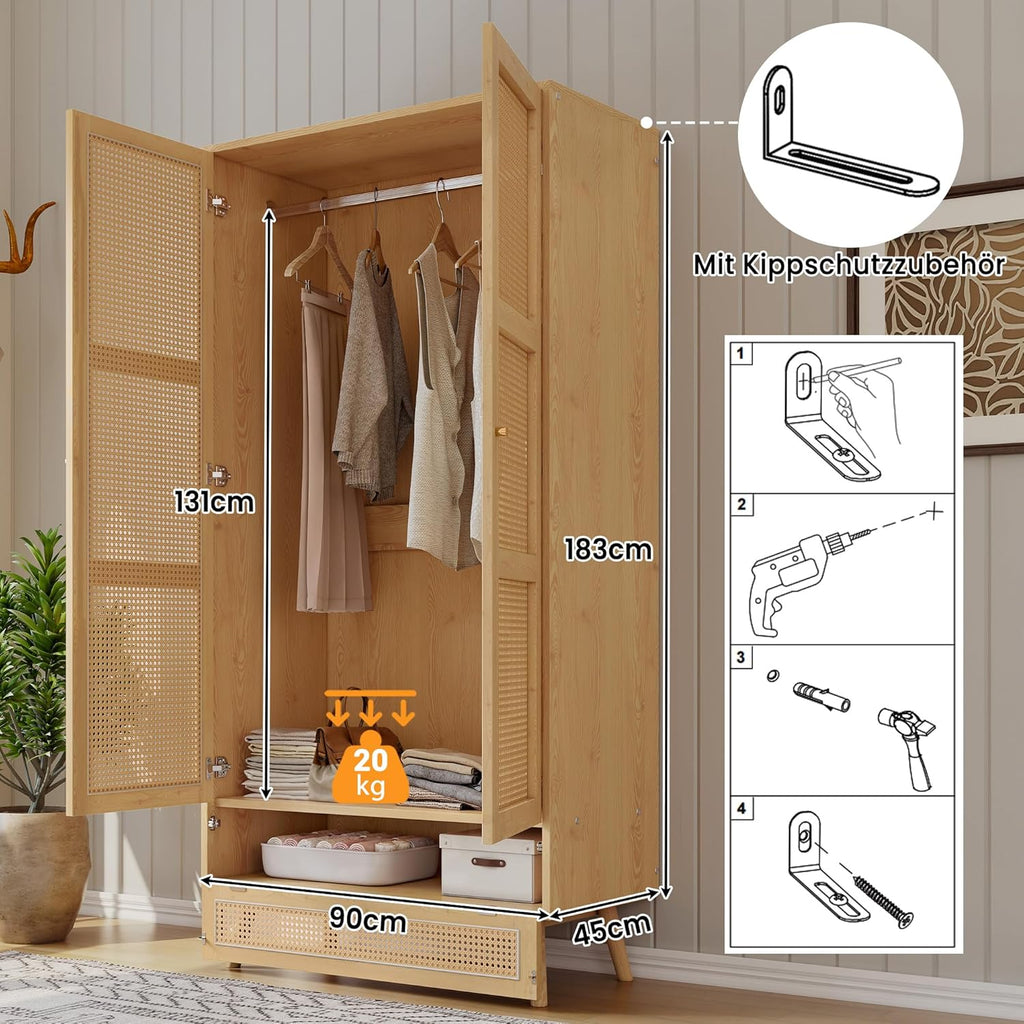 Armario Kebnor con barra, armario de 2 puertas, dormitorio, red de ratán, sala de estar, con tapa abatible inferior, aglomerado + ratán de polietileno, natural
