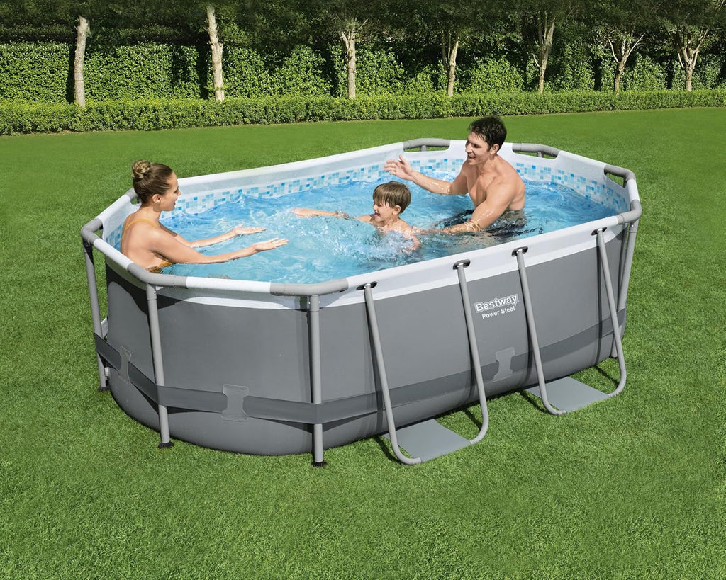 Set de piscina con estructura Bestway Power Steel, ovalada, con bomba de filtrado, 305 x 200 x 84 cm, gris, 5614A