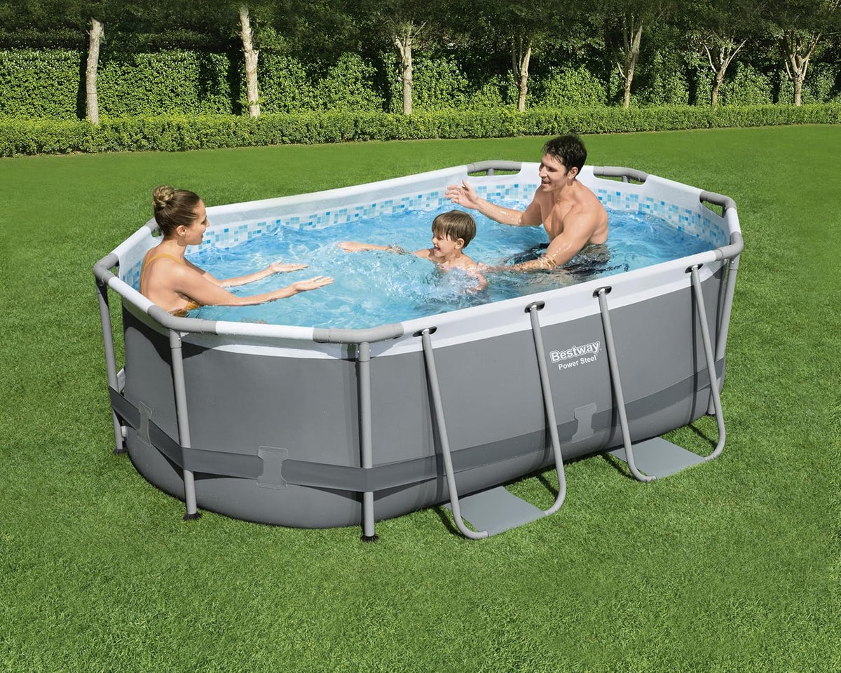 Set de piscina con estructura Bestway Power Steel, ovalada, con bomba de filtrado, 305 x 200 x 84 cm, gris, 5614A