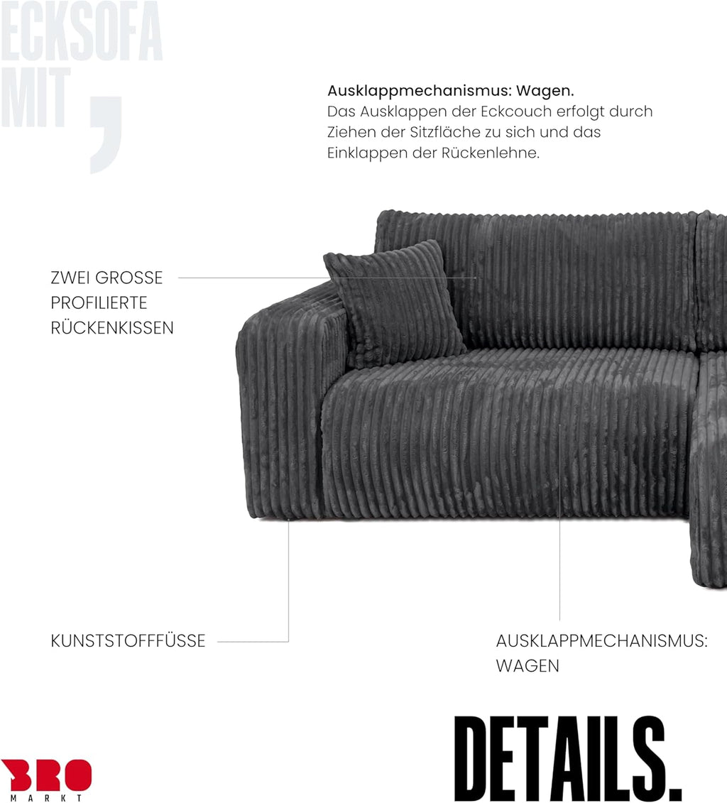 Sofá esquinero BROMARKT con función cama gris oscuro, sofá en forma de L de tela de pana con arcón, sofá cama para salón con espacio de almacenamiento, sofá esquinero de 3 plazas, conjunto de salón 244x148x82 cm TILIO