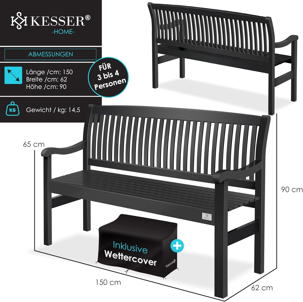 KESSER® Gartenbank Holz wetterfest 150 cm, Holzbank Garten 3-4 Sitzer, Sitzbank Outdoor, Balkonbank aus Massivholz, Parkbank 320 kg belastbar für Garten, Terrasse & Balkon inkl. Abdeckung, Anthrazit