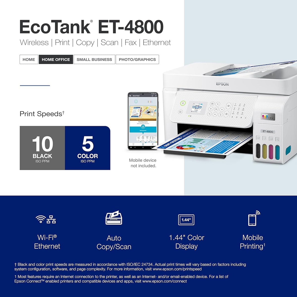 Impresora multifunción inalámbrica Epson EcoTank ET-4800 sin cartuchos con escáner, copiadora, fax, ADF y Ethernet – Ideal para su oficina en casa, color blanco